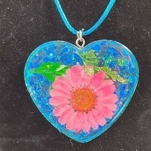 Handmade Blue Glitter Heart- Pink Dried Pressed Flowers  + Leaves Necklace
